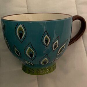 Pier 1 Imports Hand-Painted Dolomite Peacock Footed Coffee / Tea Mug.